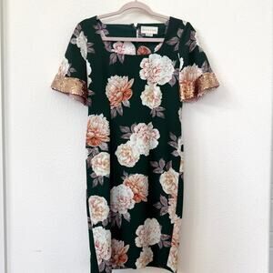 SACHIN & BABI Floral Sequin Sleeve Shift Dress Green Pink Gold 4 Party Glam